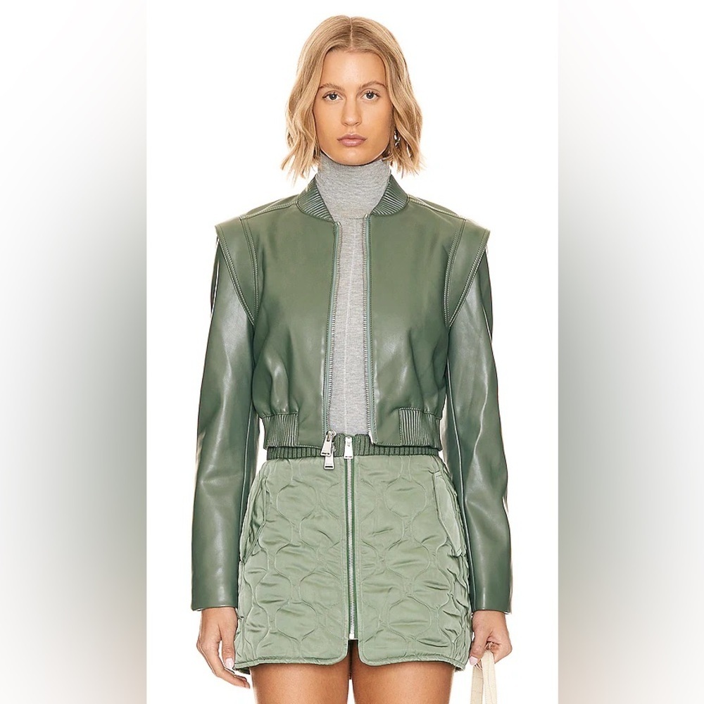 SIMKHAI Doreen Bomber Jacket Park Slope‎ Green Faux Leather Zip